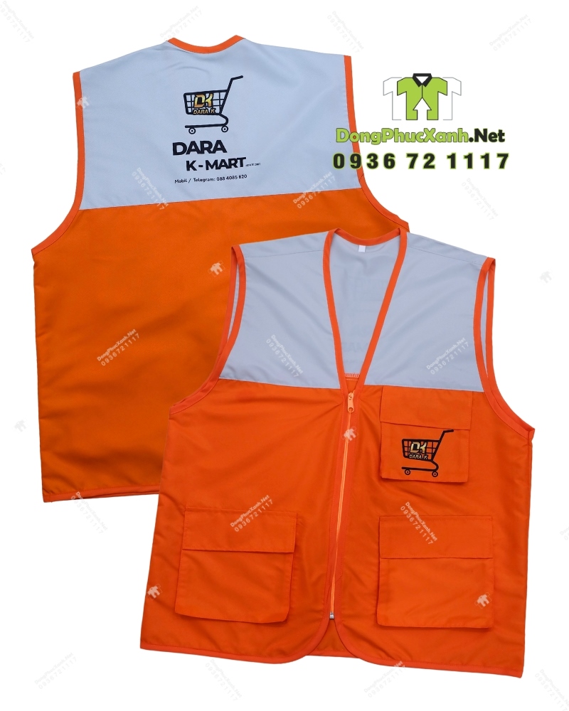 Áo gile nhân viên in logo Dara K-Mart.(6) Áo gile nhân viên màu cam năng động, in logo Dara K-Mart.