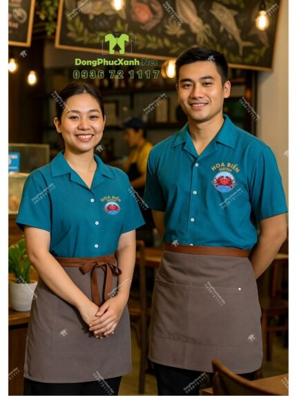 Áo sơ mi đồng phục cho nhân viên phục vụ màu xanh biển bắt mắt, in logo Hoa Biển.