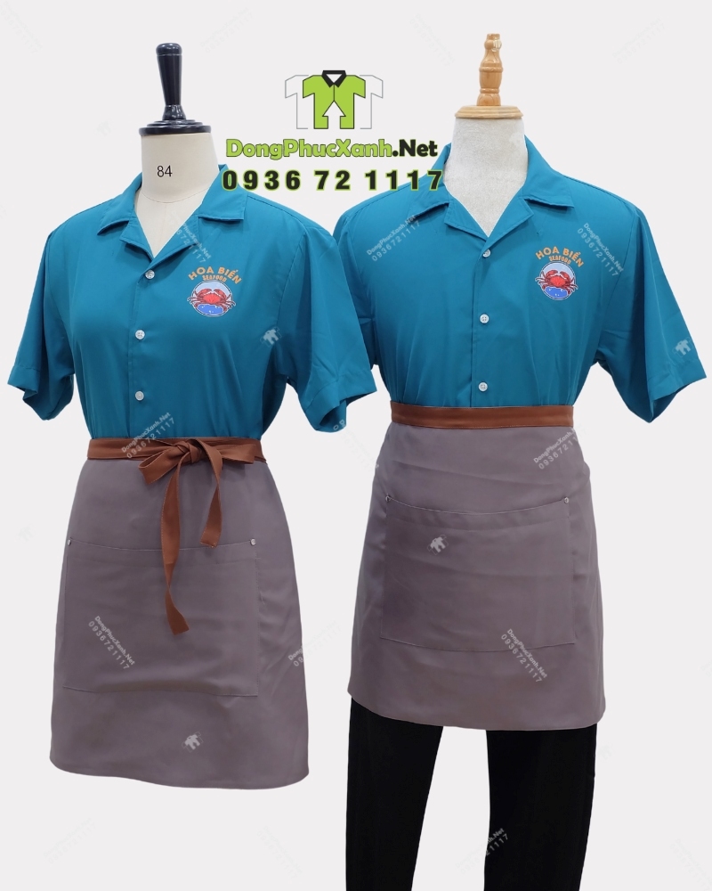 Áo sơ mi đồng phục cho nhân viên in logo Hoa Biển.(12) Áo sơ mi đồng phục cho nhân viên phục vụ màu xanh biển bắt mắt, in logo Hoa Biển.