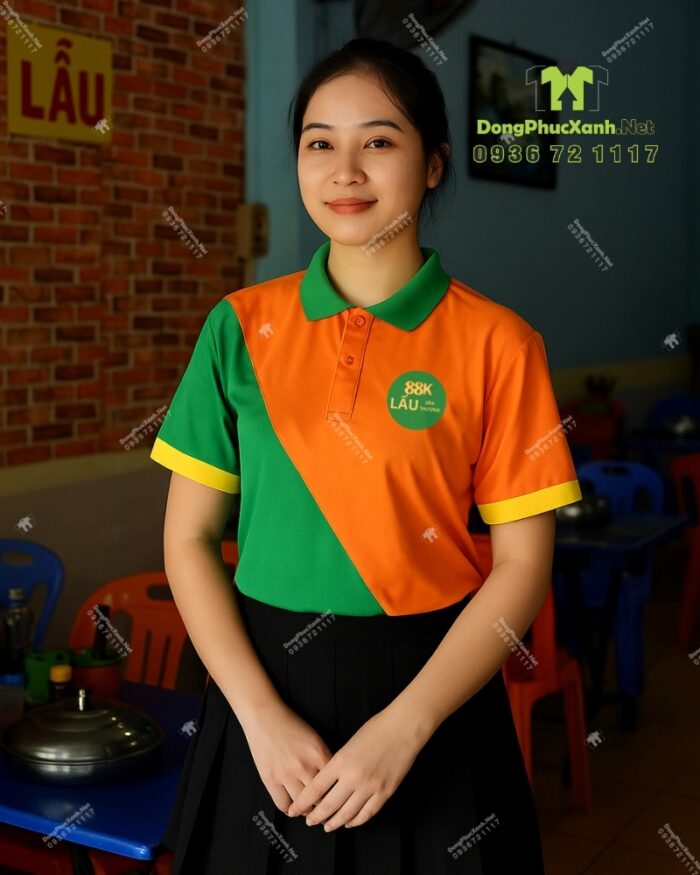 Áo thun đồng phục dành cho nhân viên quán ăn thiết kế năng động, in logo Lẩu Sân Thượng 88K