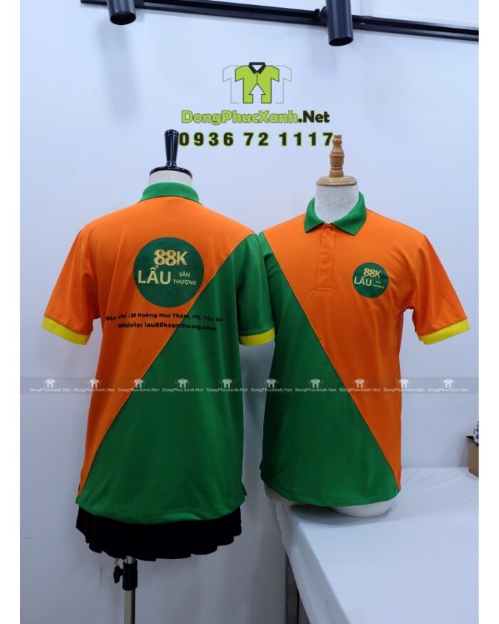 Áo thun đồng phục dành cho nhân viên quán ăn thiết kế năng động, in logo Lẩu Sân Thượng 88K