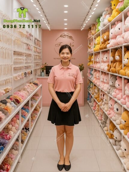 Áo thun đồng phục màu hồng dễ thương dành cho nhân viên bán hàng, in logo Ty Na Store.