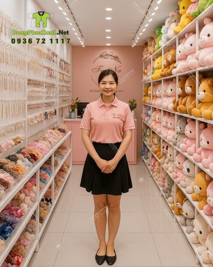 Áo thun đồng phục màu hồng dễ thương dành cho nhân viên bán hàng, in logo Ty Na Store.