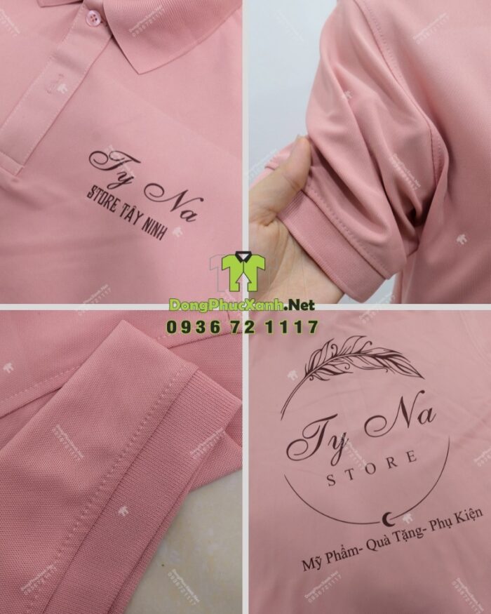 Áo thun đồng phục màu hồng dễ thương dành cho nhân viên bán hàng, in logo Ty Na Store.