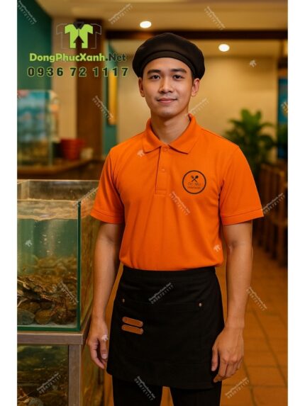 Áo thun đồng phục nhân viên quán ăn màu cam năng động, in logo Ốc Tiêu Vinwonder.
