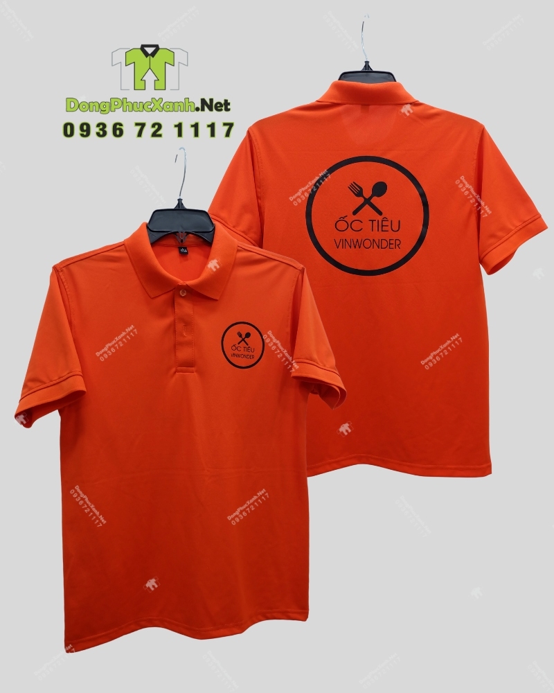Áo thun đồng phục nhân viên quán ăn in logo Ốc Tiêu Vinwonder. Áo thun đồng phục nhân viên quán ăn màu cam năng động, in logo Ốc Tiêu Vinwonder.