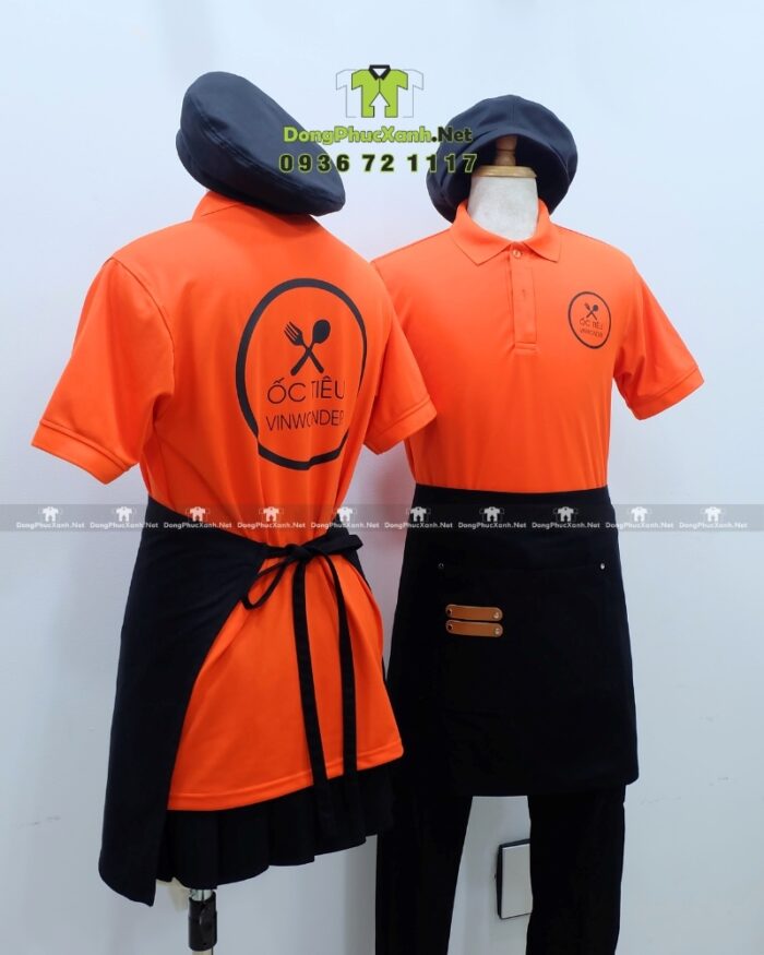 Áo thun đồng phục nhân viên quán ăn màu cam năng động, in logo Ốc Tiêu Vinwonder.