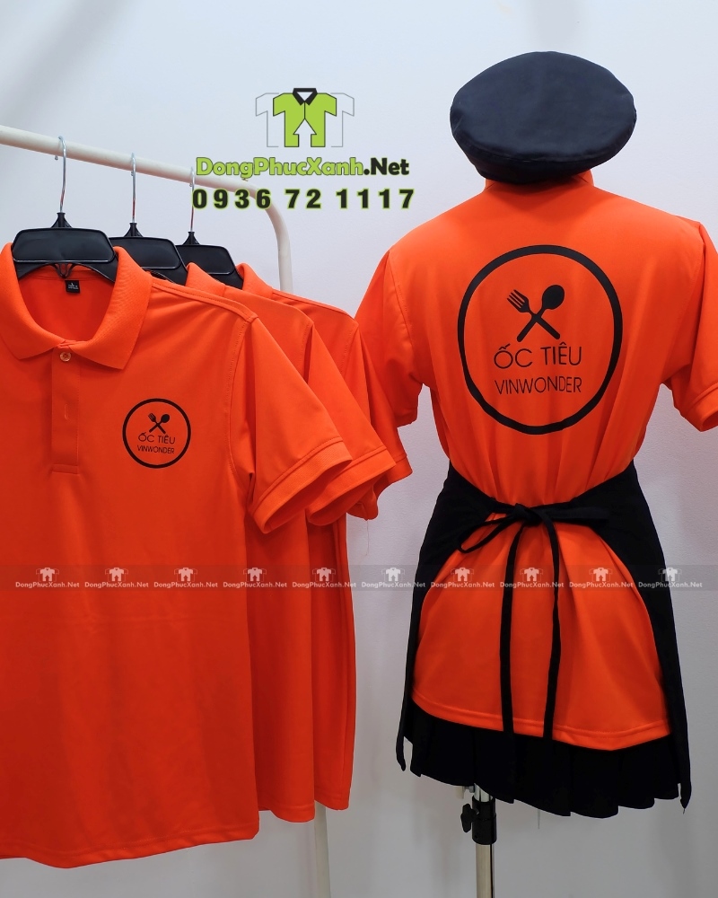 Áo thun đồng phục nhân viên quán ăn in logo Ốc Tiêu Vinwonder. Áo thun đồng phục nhân viên quán ăn màu cam năng động, in logo Ốc Tiêu Vinwonder.