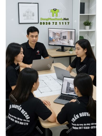 Áo đồng phục nhân viên màu đen đơn giản, in logo Trần Nguyên Decor.