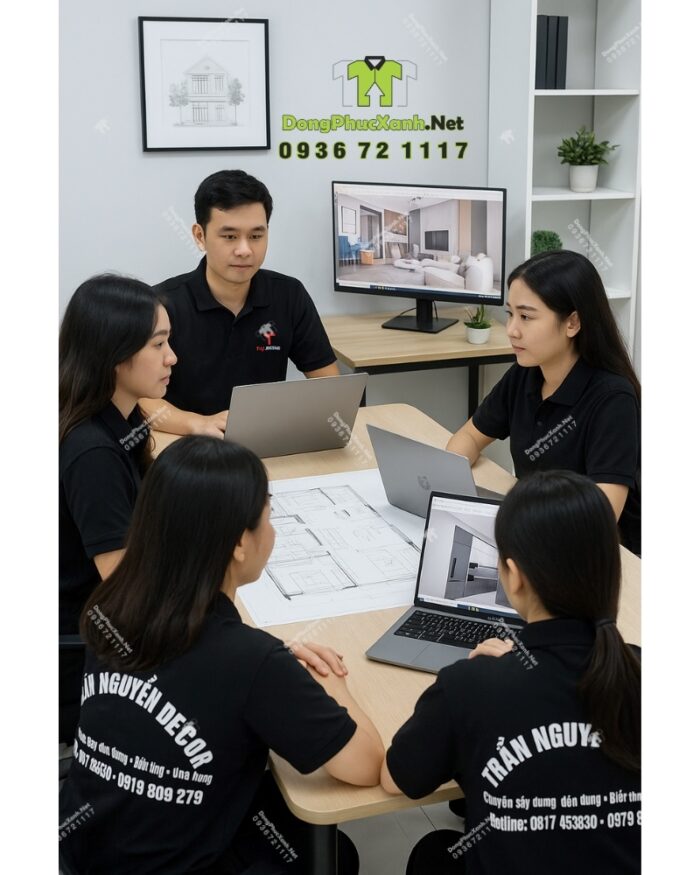 Áo đồng phục nhân viên màu đen đơn giản, in logo Trần Nguyên Decor.
