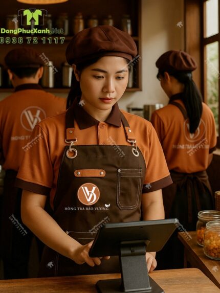 Bộ đồng phục nhân viên quán trà sữa màu cacao ấm áp, in logo Hồng Trà Bảo Vương.