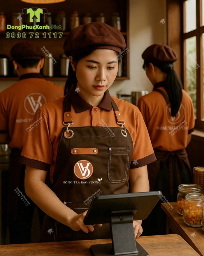 Bộ đồng phục nhân viên quán trà sữa màu cacao ấm áp, in logo Hồng Trà Bảo Vương.