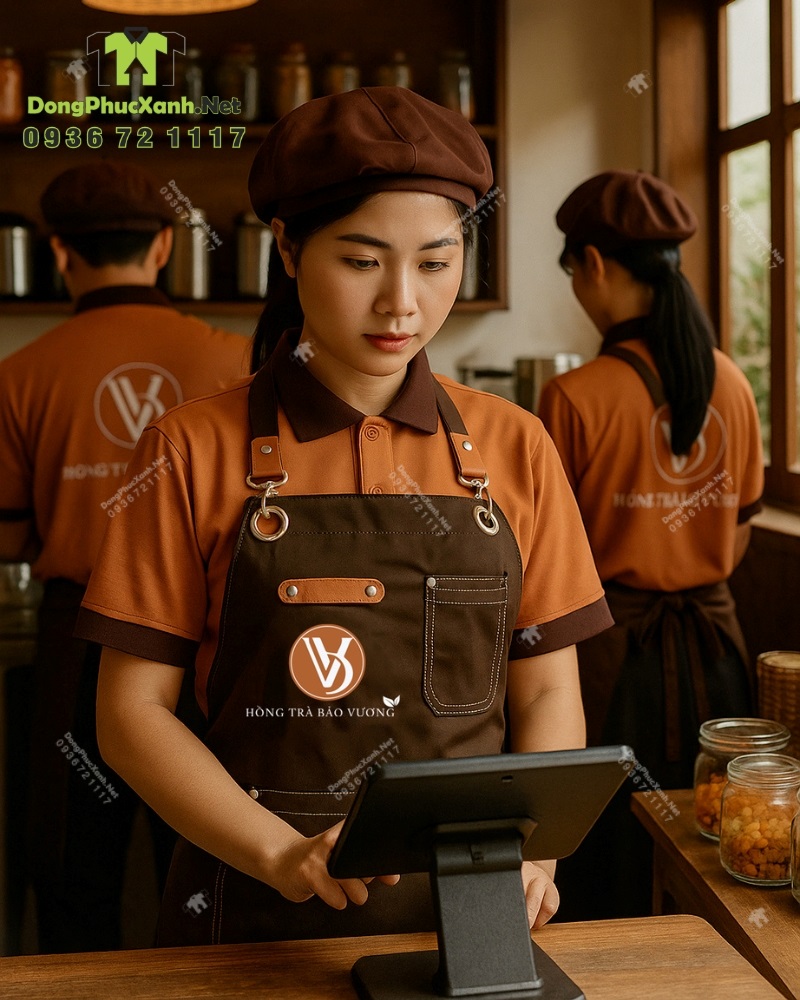 Bộ đồng phục nhân viên quán trà sữa in logo Hồng Trà Bảo Vương. Bộ đồng phục nhân viên quán trà sữa màu cacao ấm áp, in logo Hồng Trà Bảo Vương.