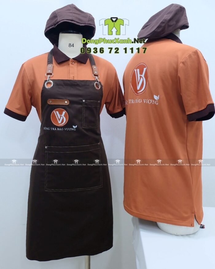Bộ đồng phục nhân viên quán trà sữa màu cacao ấm áp, in logo Hồng Trà Bảo Vương.