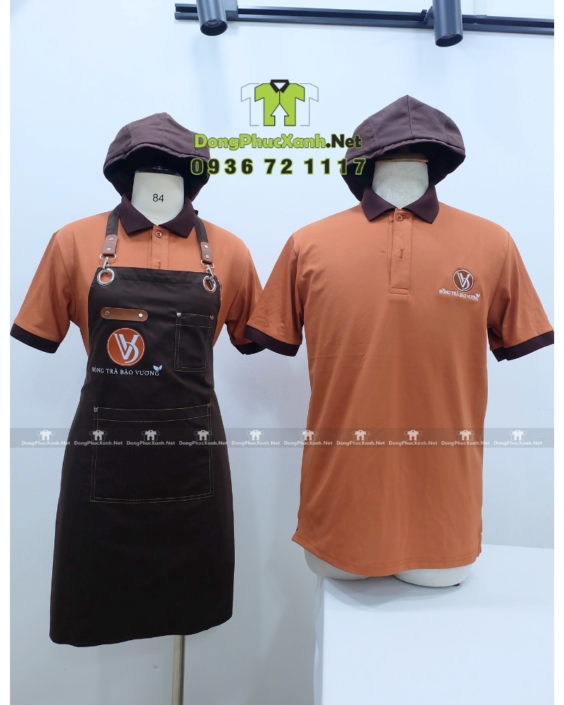 Bộ đồng phục nhân viên quán trà sữa màu cacao ấm áp, in logo Hồng Trà Bảo Vương.