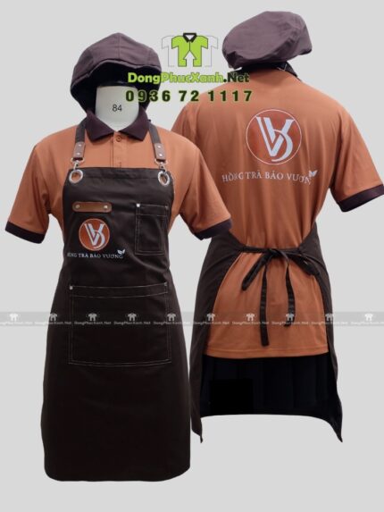 Bộ đồng phục nhân viên quán trà sữa màu cacao ấm áp, in logo Hồng Trà Bảo Vương.