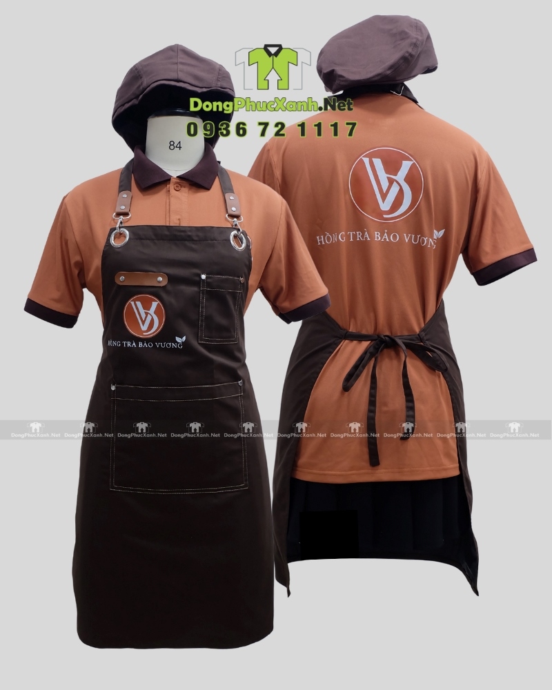 Bộ đồng phục nhân viên quán trà sữa màu cacao ấm áp, in logo Hồng Trà Bảo Vương.