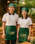 Bộ đồng phục nhân viên nhà hàng màu xanh rêu độc đáo, thêu logo The Lam.