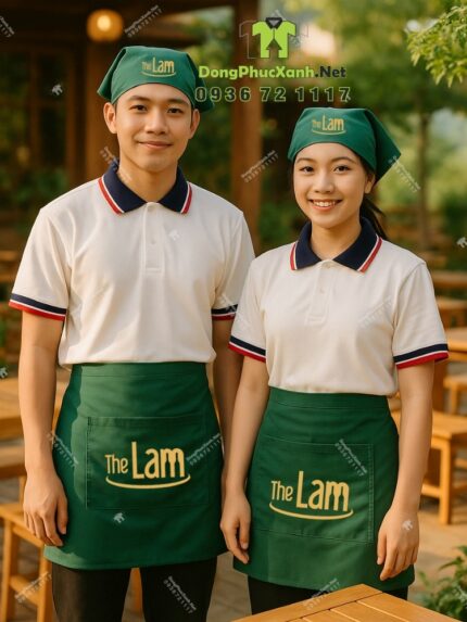 Bộ đồng phục nhân viên nhà hàng màu xanh rêu độc đáo, thêu logo The Lam.