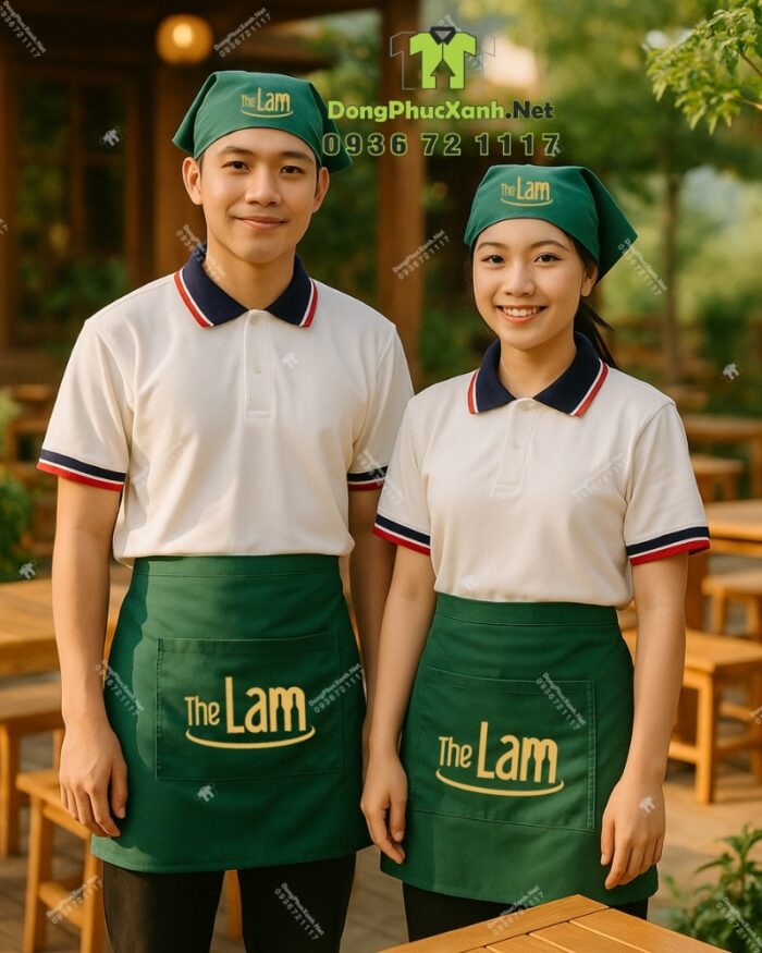 Bộ đồng phục nhân viên nhà hàng màu xanh rêu độc đáo, thêu logo The Lam.