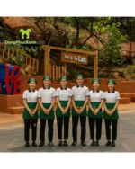 Bộ đồng phục nhân viên nhà hàng màu xanh rêu độc đáo, thêu logo The Lam.