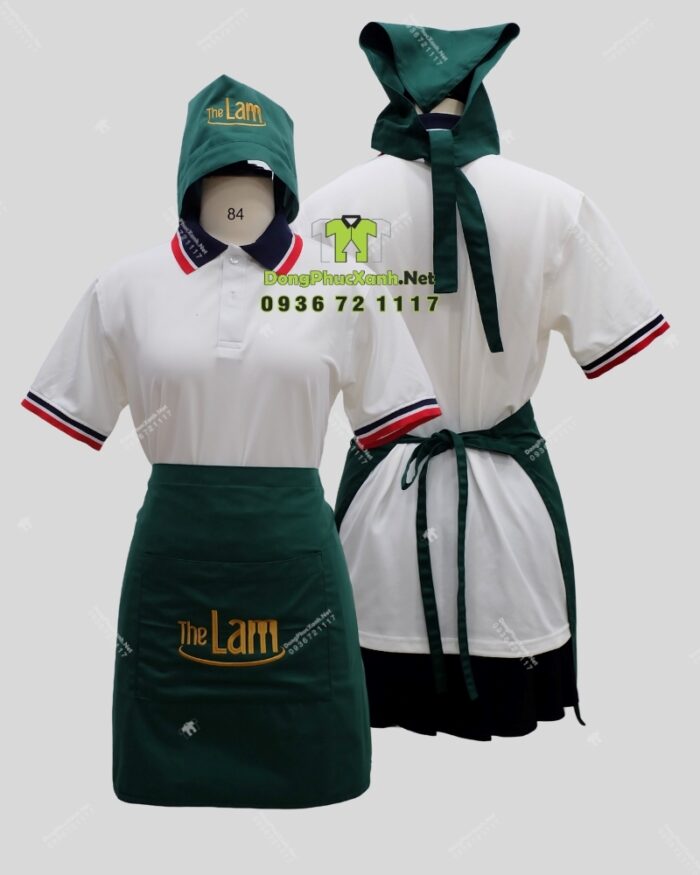 Bộ đồng phục nhân viên nhà hàng màu xanh rêu độc đáo, thêu logo The Lam.