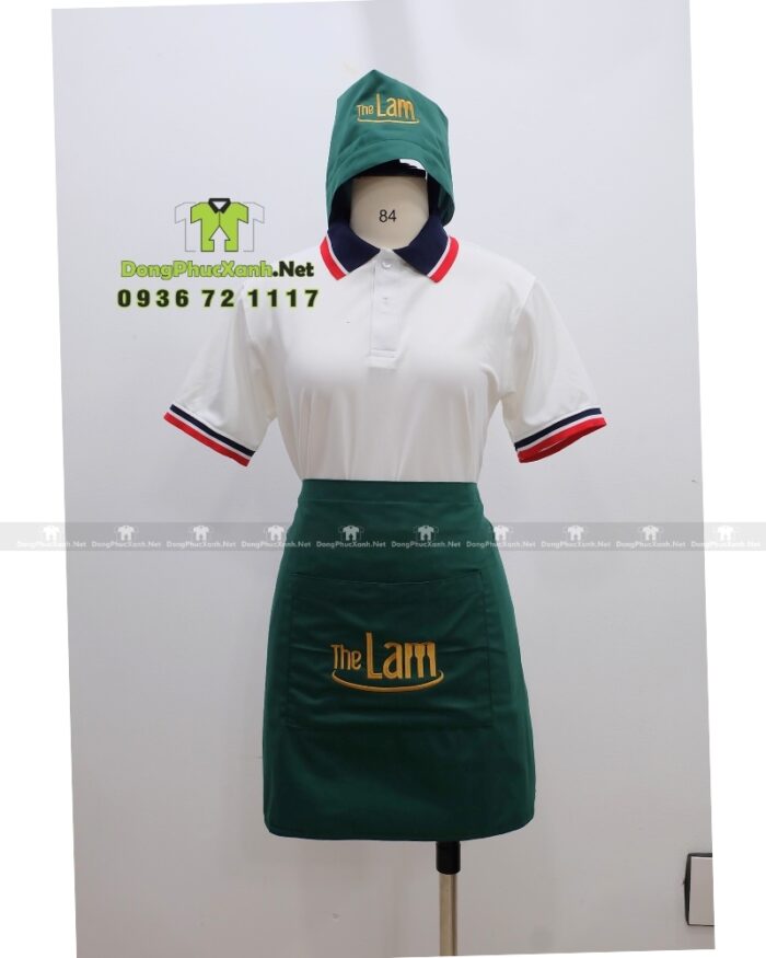 Bộ đồng phục nhân viên nhà hàng màu xanh rêu độc đáo, thêu logo The Lam.