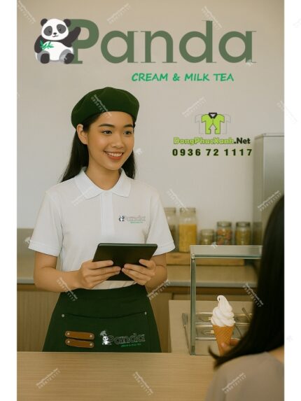 Bộ đồng phục nhân viên quán trà sữa & kem thiết kế hiện đại, in logo Panda.