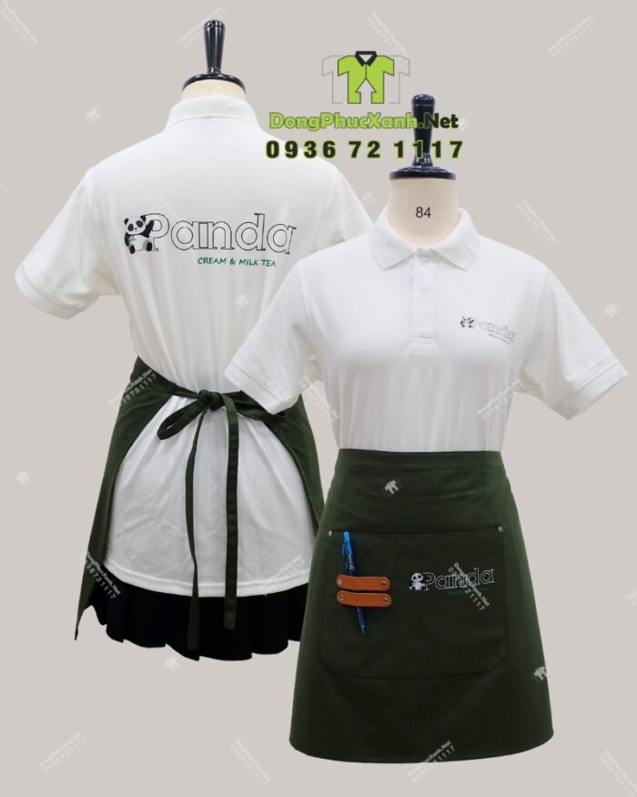 Bộ đồng phục nhân viên quán trà sữa & kem thiết kế hiện đại, in logo Panda.