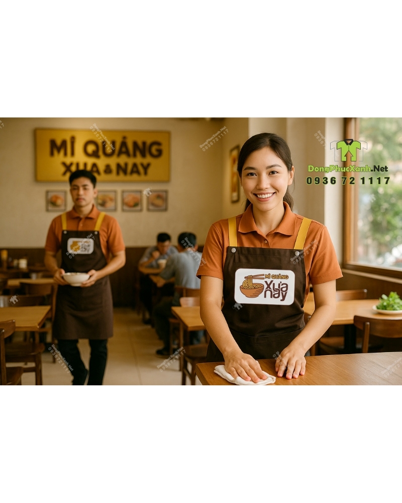 Tạp dề đồng phục nhân viên quán ăn in logo Mì Quảng Xưa Nay. Tạp dề đồng phục nhân viên quán ăn thiết kế chữ H, in logo Mì Quảng Xưa Nay.