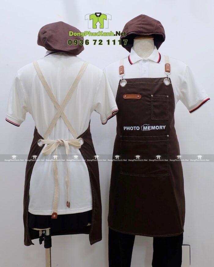 Tạp dề nâu dài thiết kế dây đeo chéo lưng in logo dành cho nhận viên cửa hàng chụp ảnh PHOTO MEMORY