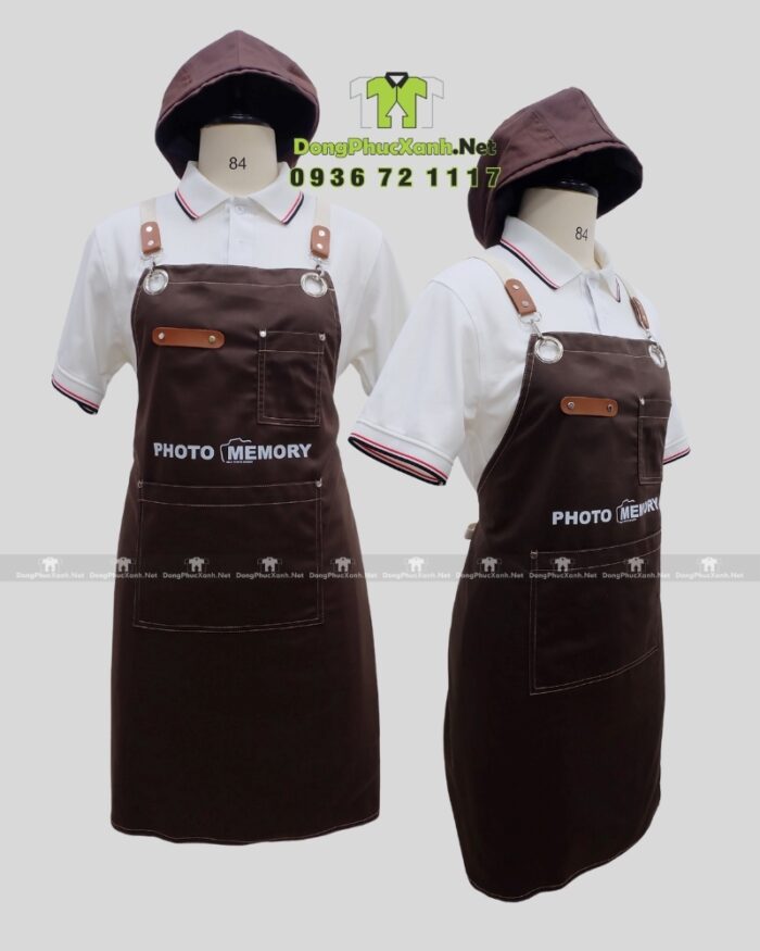 Tạp dề nâu dài thiết kế dây đeo chéo lưng in logo dành cho nhận viên cửa hàng chụp ảnh PHOTO MEMORY