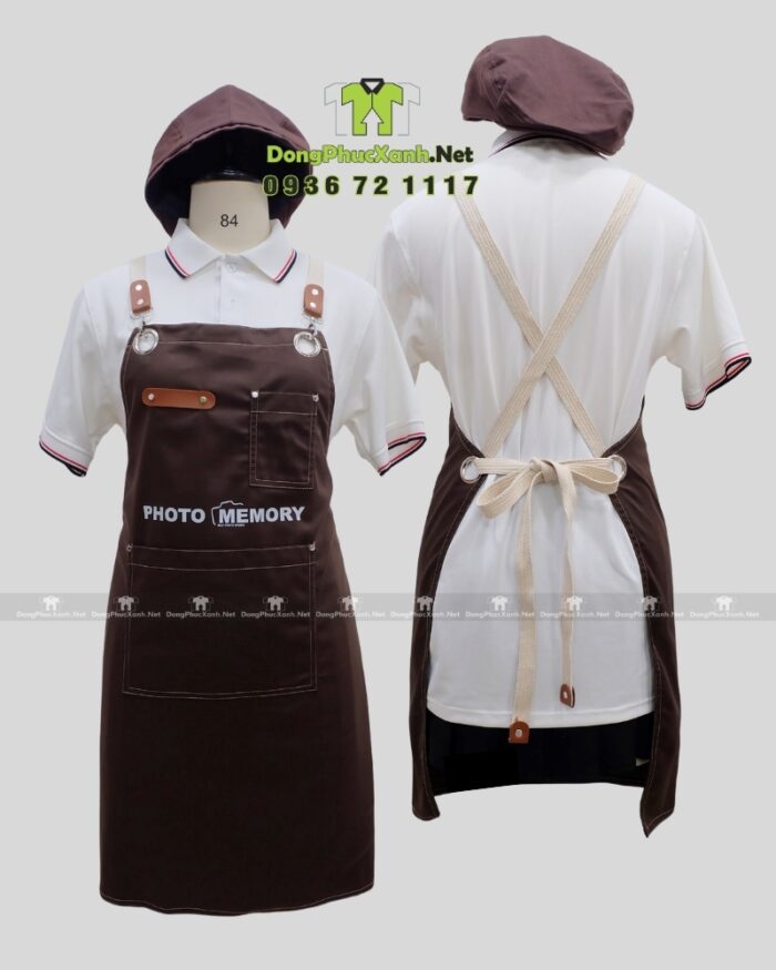 Tạp dề nâu dài thiết kế dây đeo chéo lưng in logo dành cho nhận viên cửa hàng chụp ảnh PHOTO MEMORY