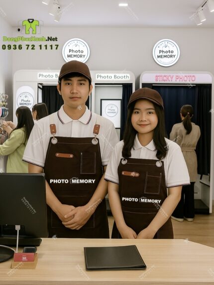 Tạp dề nâu dài thiết kế dây đeo chéo lưng in logo dành cho nhận viên cửa hàng chụp ảnh PHOTO MEMORY