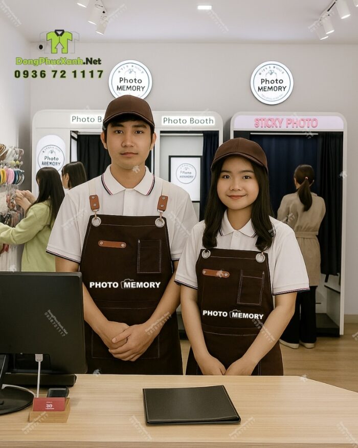 Tạp dề nâu dài thiết kế dây đeo chéo lưng in logo dành cho nhận viên cửa hàng chụp ảnh PHOTO MEMORY