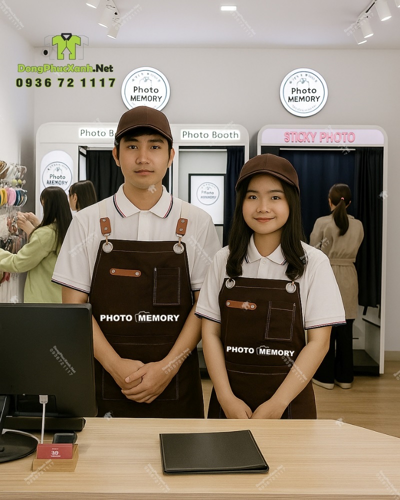 Tạp dề dài dây chéo lưng cho nhân viên cửa hàng PHOTO MEMORY Tạp dề nâu dài thiết kế dây đeo chéo lưng in logo dành cho nhận viên cửa hàng chụp ảnh PHOTO MEMORY