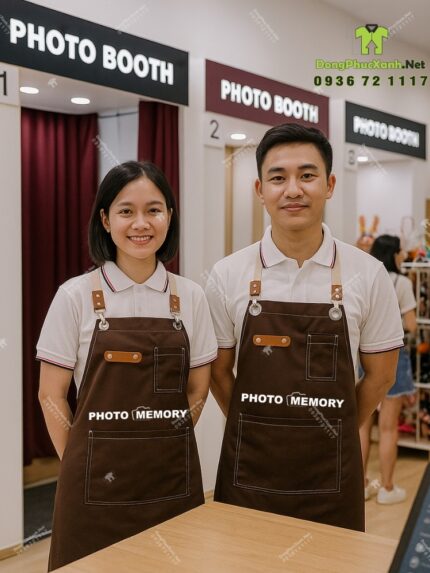 Tạp dề nâu dài thiết kế dây đeo chéo lưng in logo dành cho nhận viên cửa hàng chụp ảnh PHOTO MEMORY