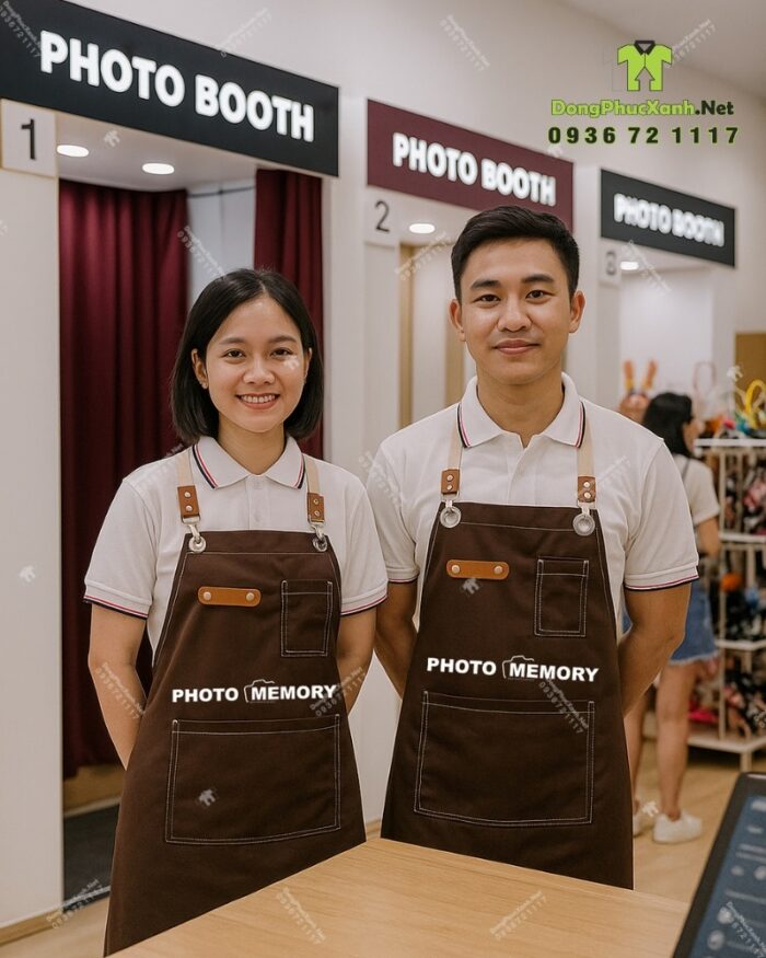 Tạp dề nâu dài thiết kế dây đeo chéo lưng in logo dành cho nhận viên cửa hàng chụp ảnh PHOTO MEMORY