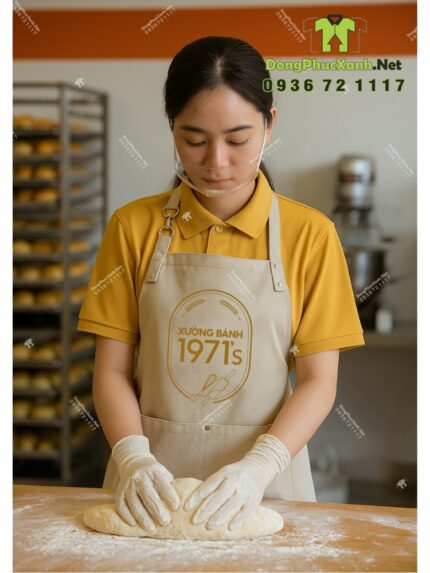 Tạp dề đồng phục nhân viên tiệm bánh màu be cổ điển, in logo Xưởng Bánh 1971’s.