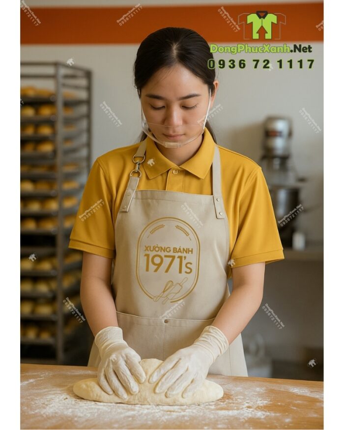 Tạp dề đồng phục nhân viên tiệm bánh màu be cổ điển, in logo Xưởng Bánh 1971’s.