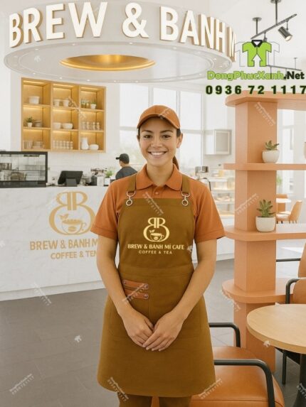 Tạp dề đồng phục màu nâu vàng mộc mạc dành cho nhân viên quán cà phê, in logo Brew & Bánh Mì Cafe.