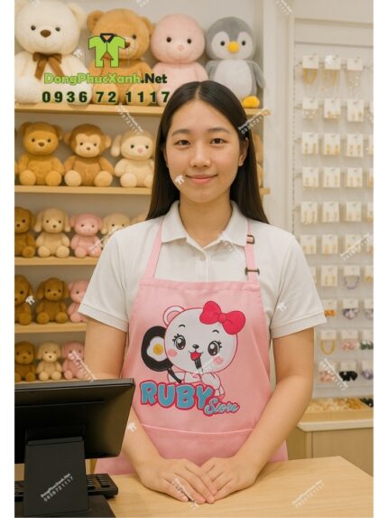 Tạp dề đồng phục nhân viên bán hàng màu hồng dễ thương, in logo Ruby Store.
