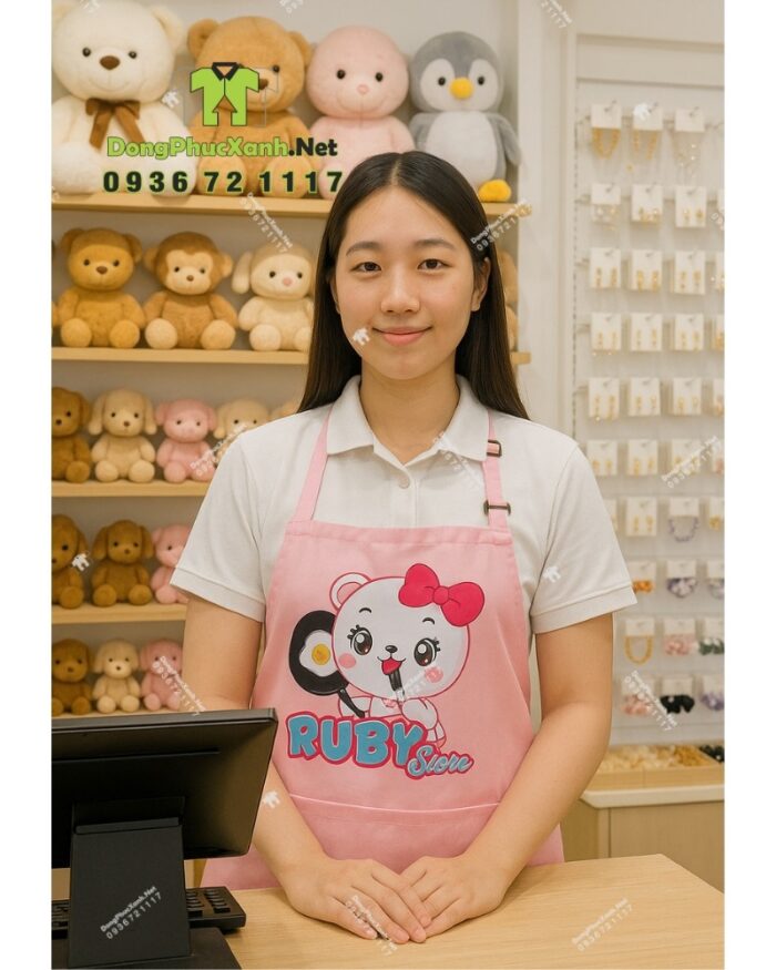Tạp dề đồng phục nhân viên bán hàng màu hồng dễ thương, in logo Ruby Store.