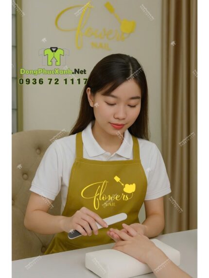 Tạp dề nail màu nâu đẹp dành cho nhân viên, thêu logo Flowers Nail.