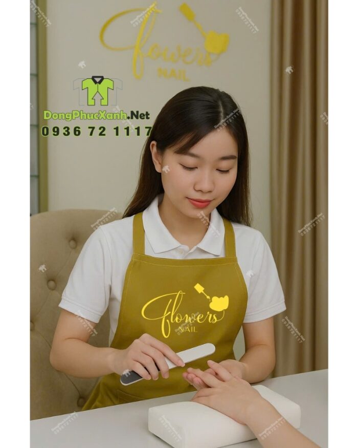 Tạp dề nail màu nâu đẹp dành cho nhân viên, thêu logo Flowers Nail.