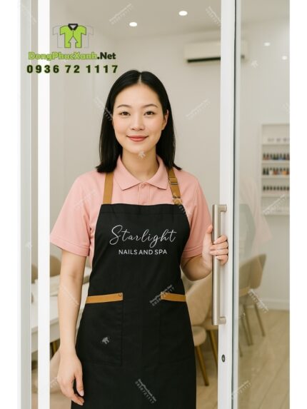 Tạp dề nail dành cho nhân viên màu đen chất liệu vải micro, in logo Starlight - Nails and Spa