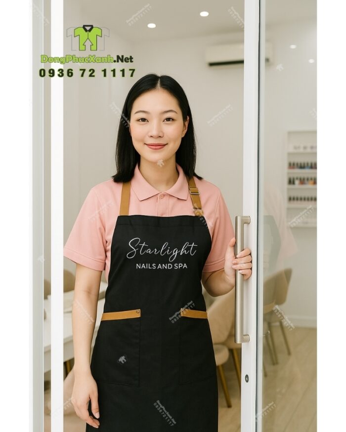 Tạp dề nail dành cho nhân viên màu đen chất liệu vải micro, in logo Starlight - Nails and Spa