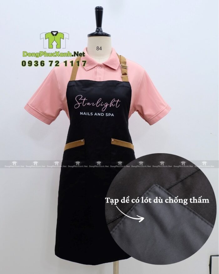 Tạp dề nail dành cho nhân viên màu đen chất liệu vải micro, in logo Starlight - Nails and Spa