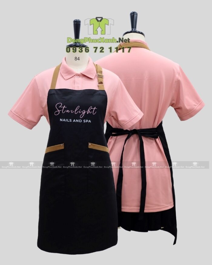 Tạp dề nail dành cho nhân viên màu đen chất liệu vải micro, in logo Starlight - Nails and Spa