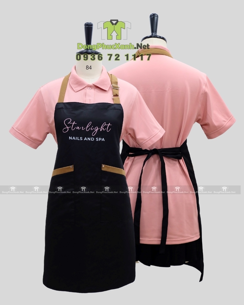 Tạp dề nail dành cho nhân viên in logo Starlight - Nails and Spa(3) Tạp dề nail dành cho nhân viên màu đen chất liệu vải micro, in logo Starlight - Nails and Spa